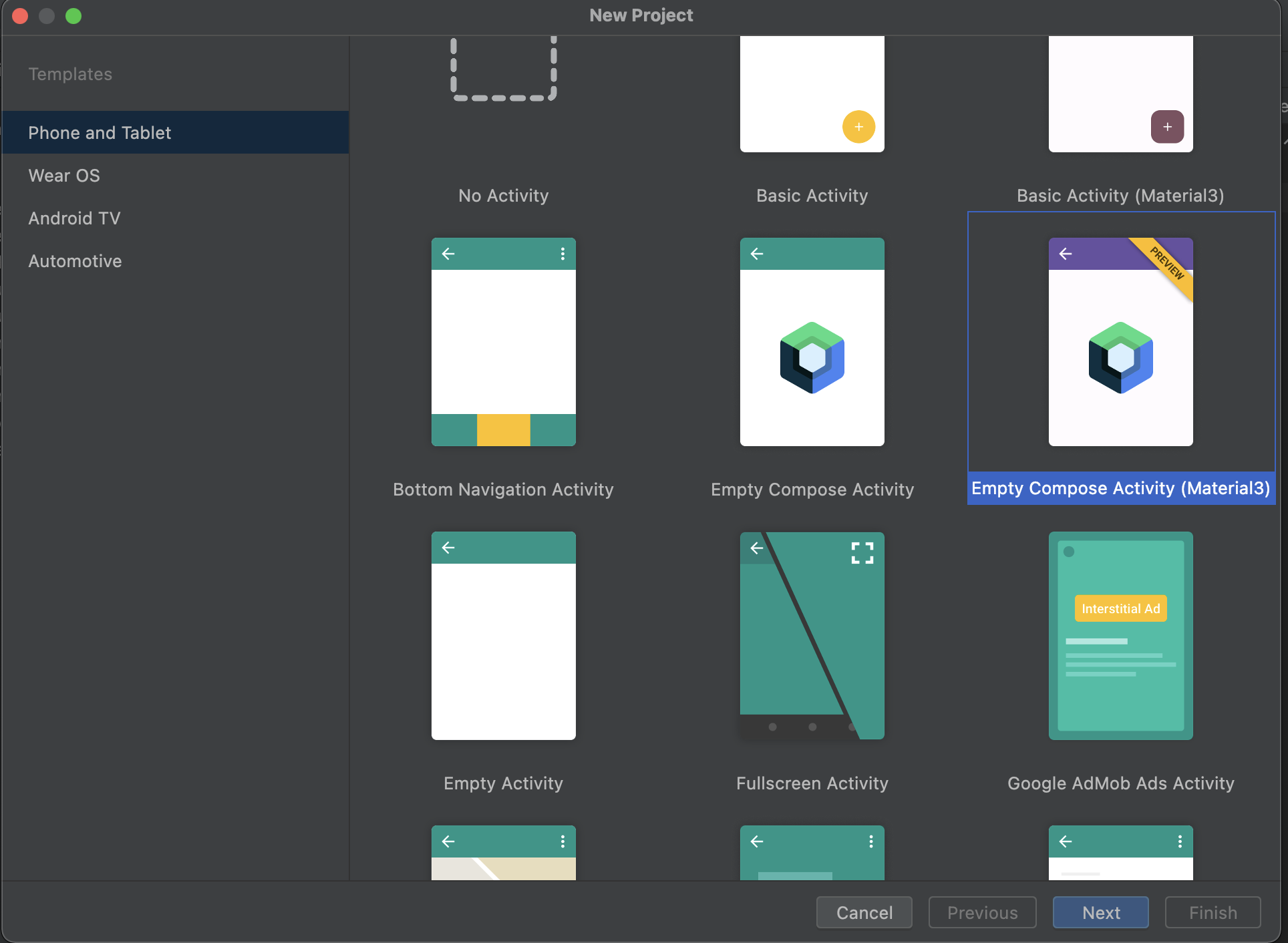 Android Studio new project